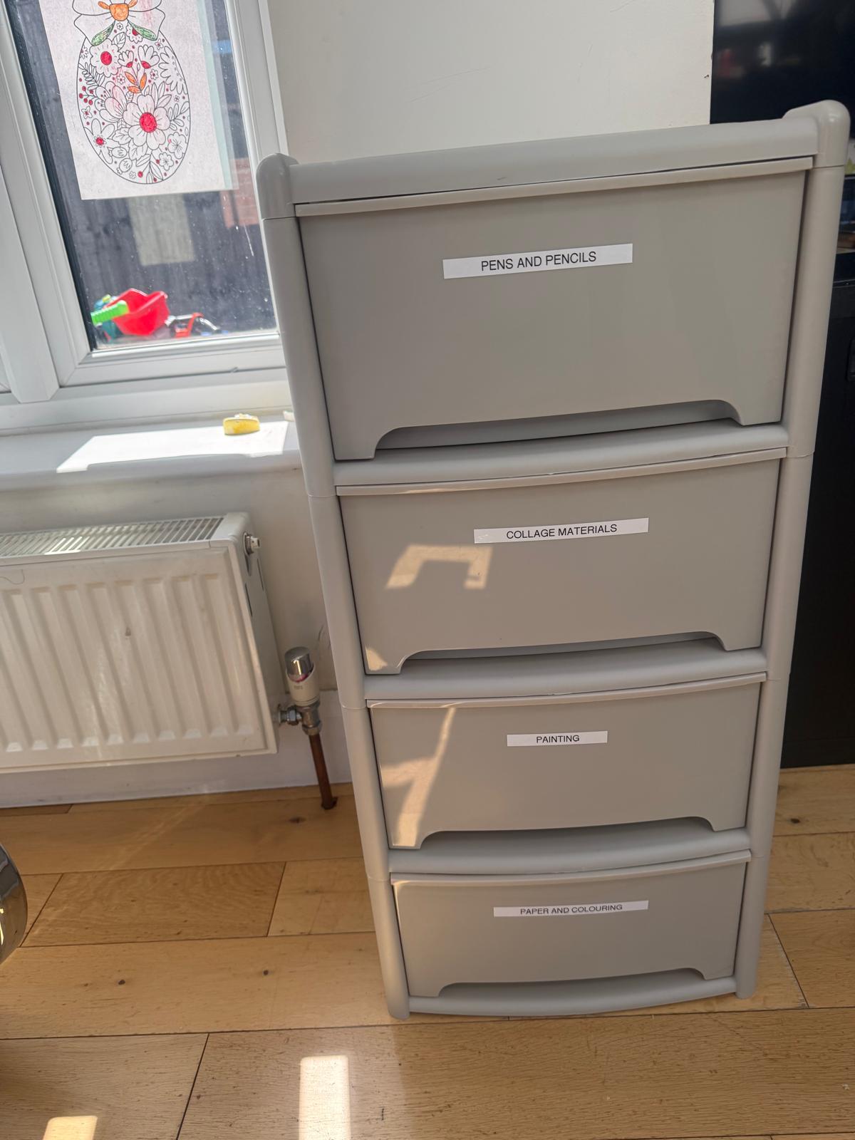 Grey four-drawer unit labelled for pens and pencils, collage materials, painting, and paper and colouring