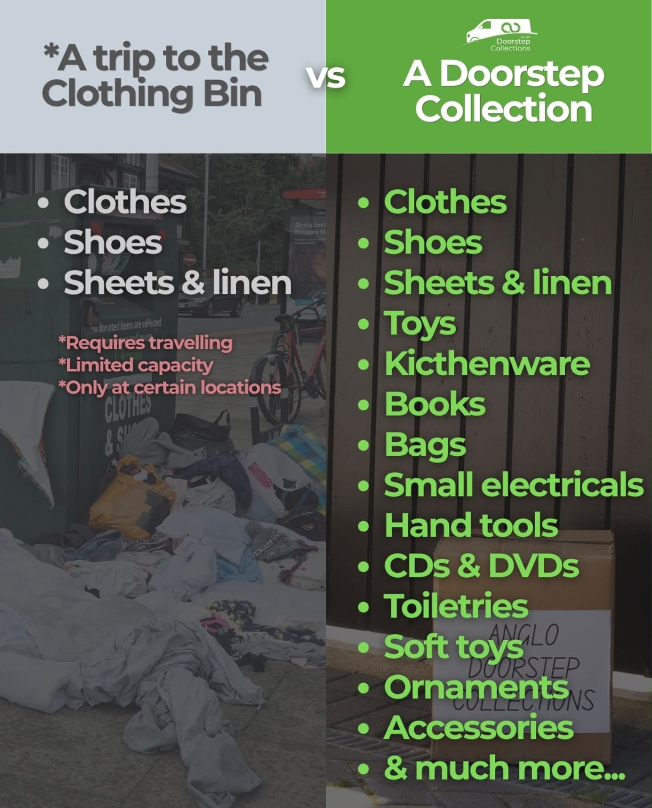 Comparison graphic showing an overflowing clothing bank next to a doorstep collection of boxed items