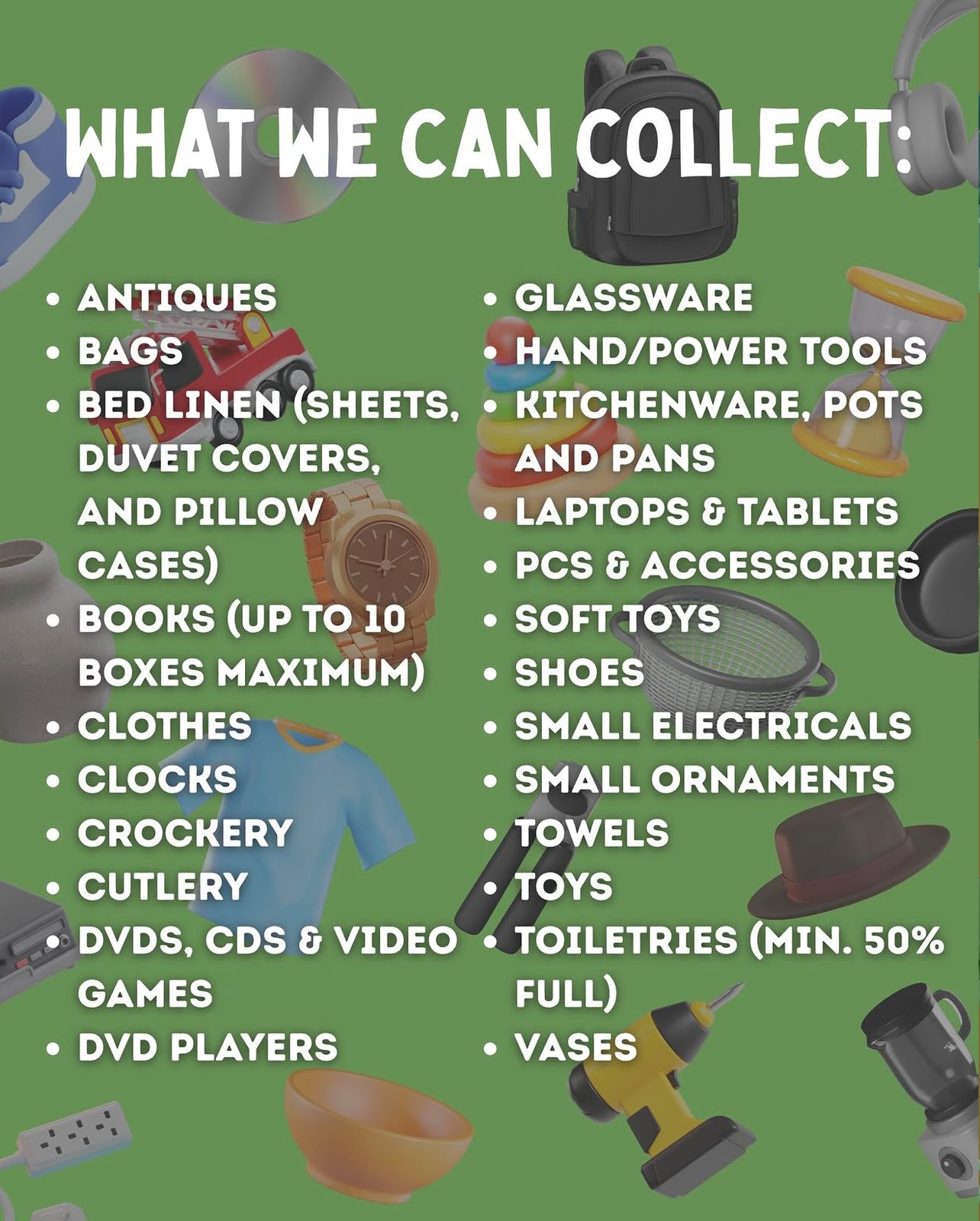 List of items a doorstep collection service can collect, including clothes, books, kitchenware and small electricals