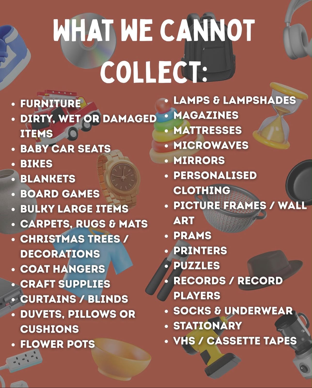 List of items a doorstep collection service cannot collect, including furniture, mattresses, mirrors and bulky items