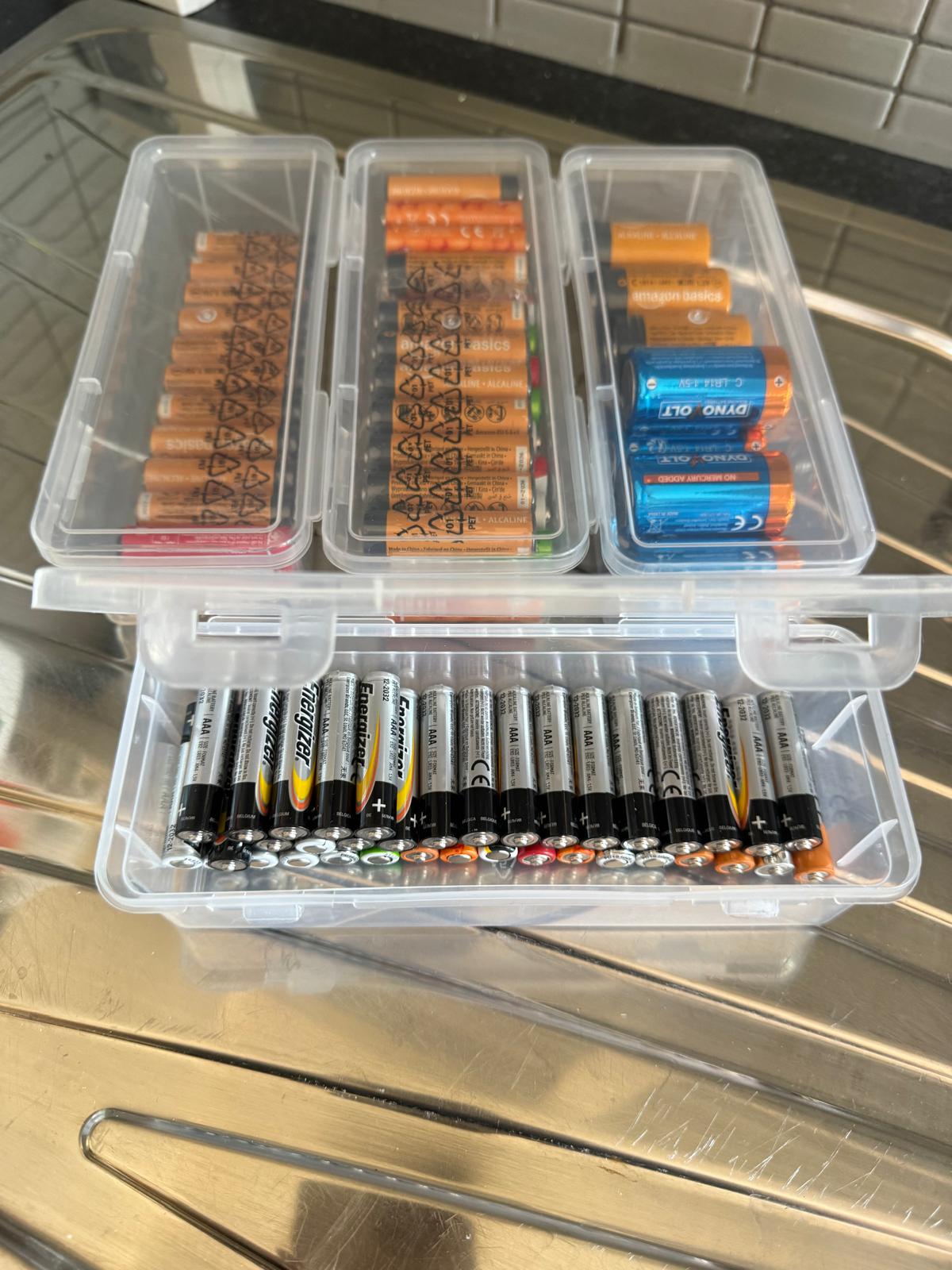 Clear storage box with batteries sorted by size into separate compartments