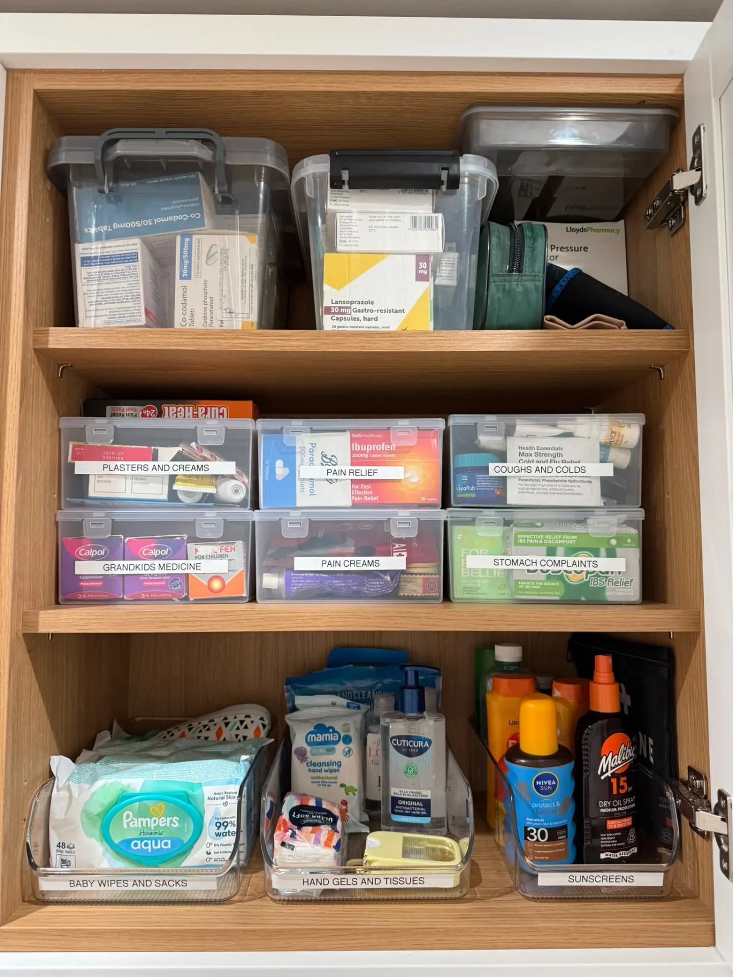 Family medicine cupboard after organising, with clear labelled boxes for each type of medicine