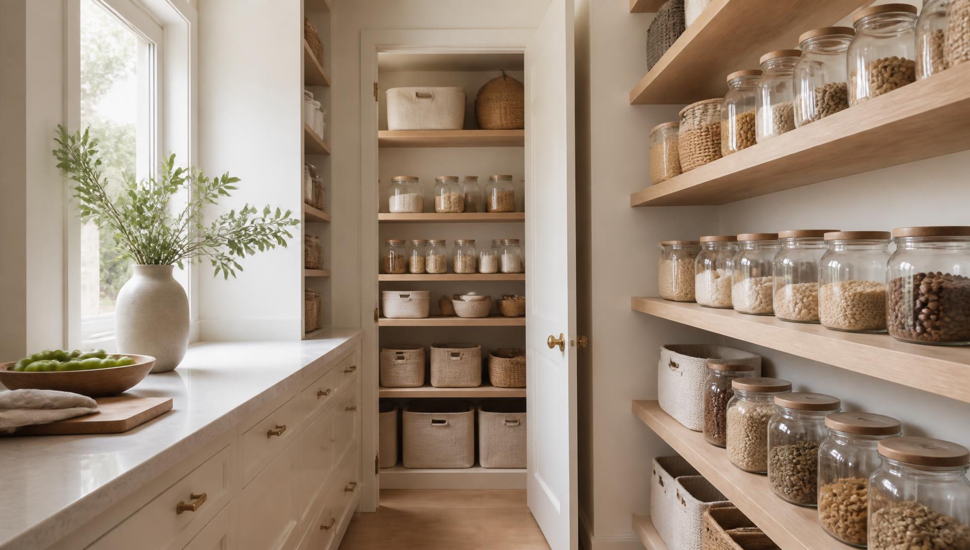 Organised kitchen pantry with labelled jars and baskets in a calm Essex home