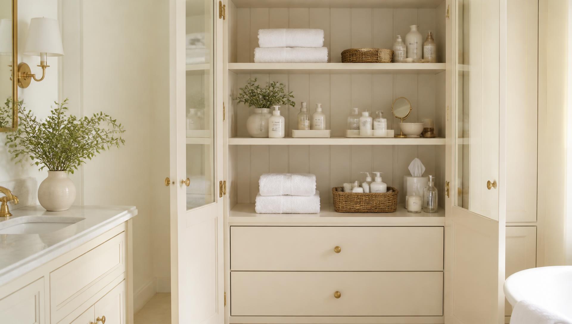 Organised bathroom cabinet with folded towels and neatly arranged toiletries