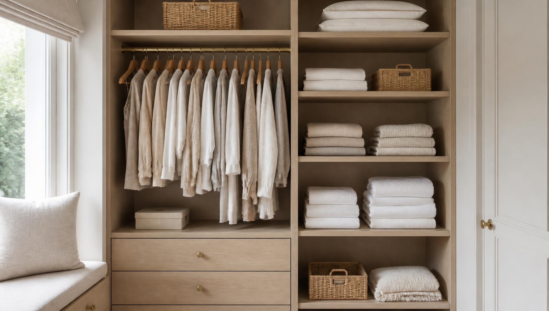 Organised fitted wardrobe with folded linens and matching hangers in a calm Essex home